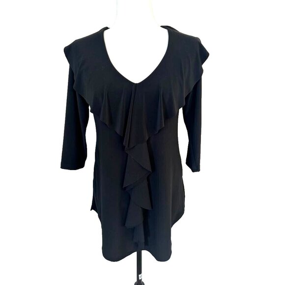 SYMPLI Tunic Blouse Top Size 4 Black 3/4 Sleeves Ruffle Neckline Front Stretch - Picture 1 of 7